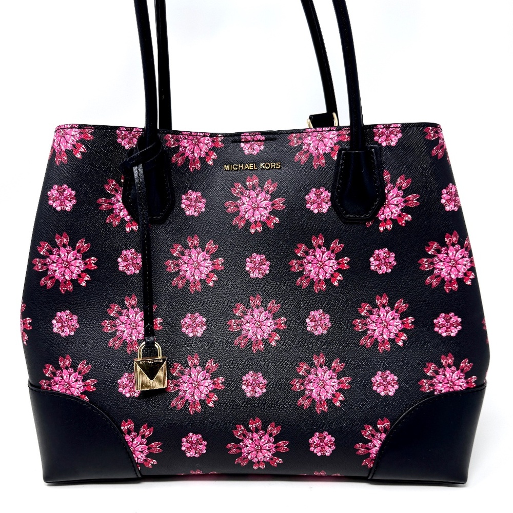 MICHAEL KORS Black/Ultra Pink Floral Mercer Corner Studio Top Zip Tote